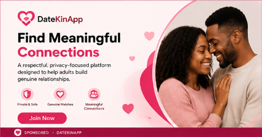 DateKinApp advertisement promoting meaningful, respectful and privacy-focused relationships.
