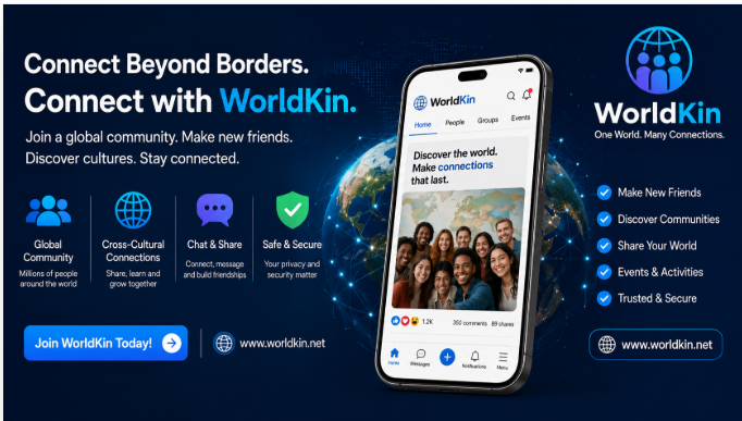 WorldKin advert promoting global friendships, communities and cross-cultural connections.