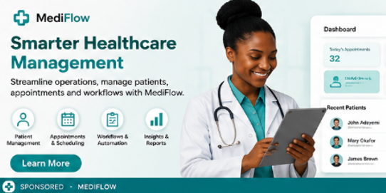 MediFlow healthcare management platform advertisement for hospitals and healthcare providers.