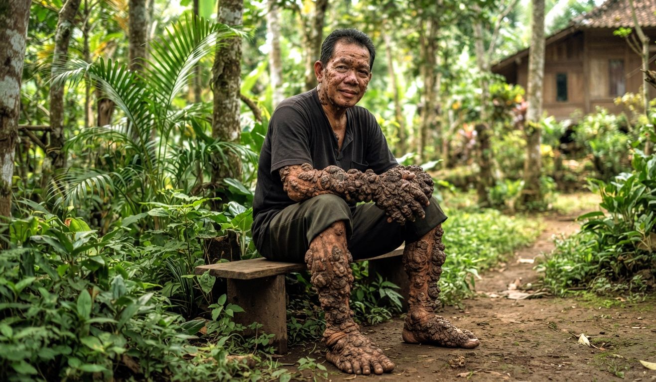 Dede Koswara from Indonesia.
In 2008 he got a small cut on his foot. Normal.
But his body couldn’t fight a rare virus. So warts started growing.
*They looked exactly like tree bark and tree roots.* They grew 2 inches per year on his hands and feet.
*Why he looked that way:*
He had a super rare immune problem. The virus made his skin grow like wood.
Doctors did 16 surgeries to remove 13 pounds of "bark".
It went viral. People called him "Tree Man".
The true part: His immune system was missing 1 gene. That’s it. 1 tiny gene changed how he looked forever.
© Elizabeth F. Aji
